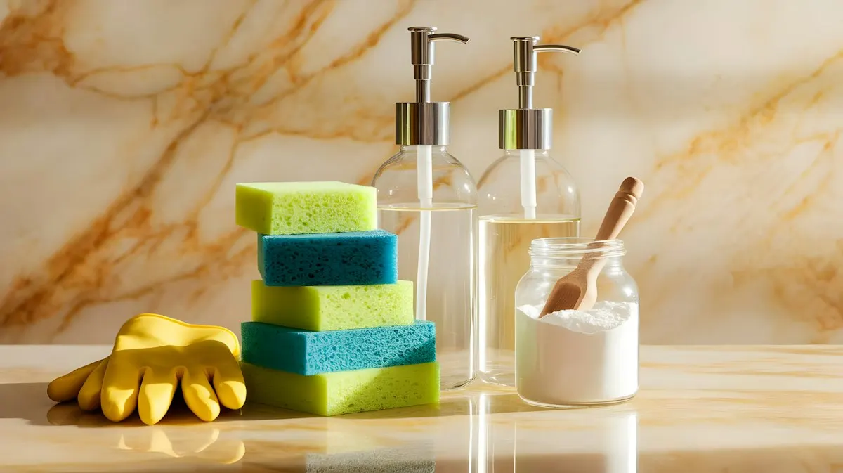 Cleaning essentials: sponges, gloves and soap dispensers on a marble surface