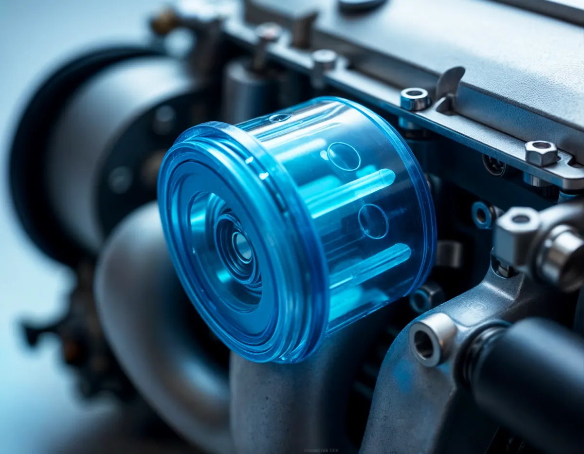 Close-up of a mechanical component with a transparent blue cylinder