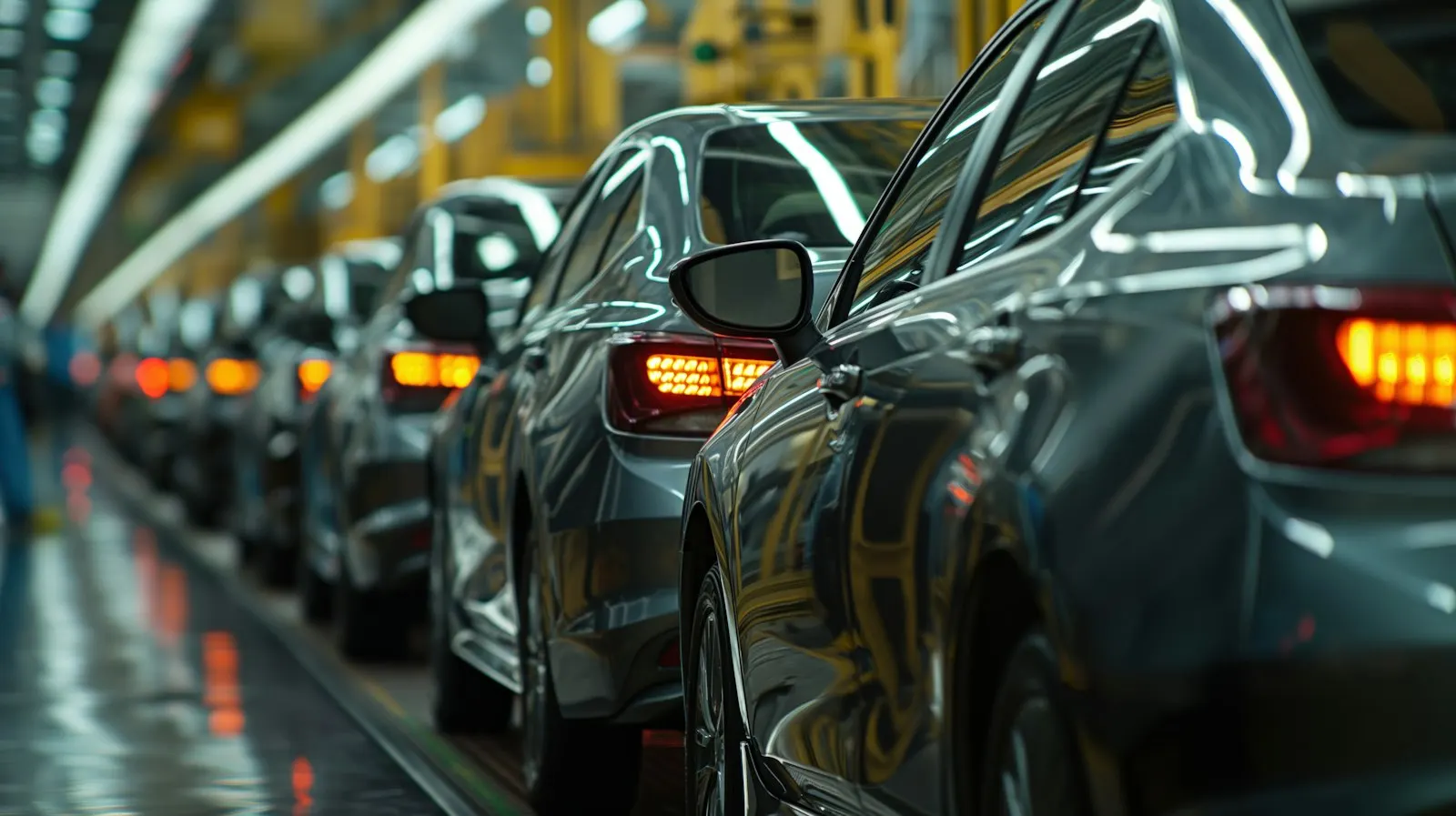 Finished cars lined up in a bright automotive facility