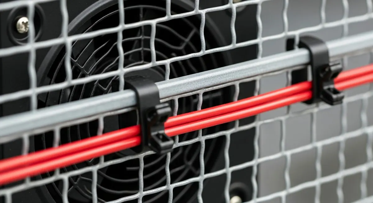Cables secured to a metal grid with a fan in the background