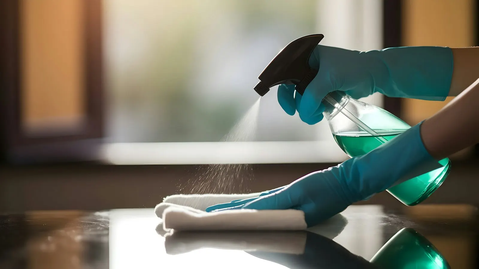 Hands in blue gloves cleaning a reflective surface with a spray bottle