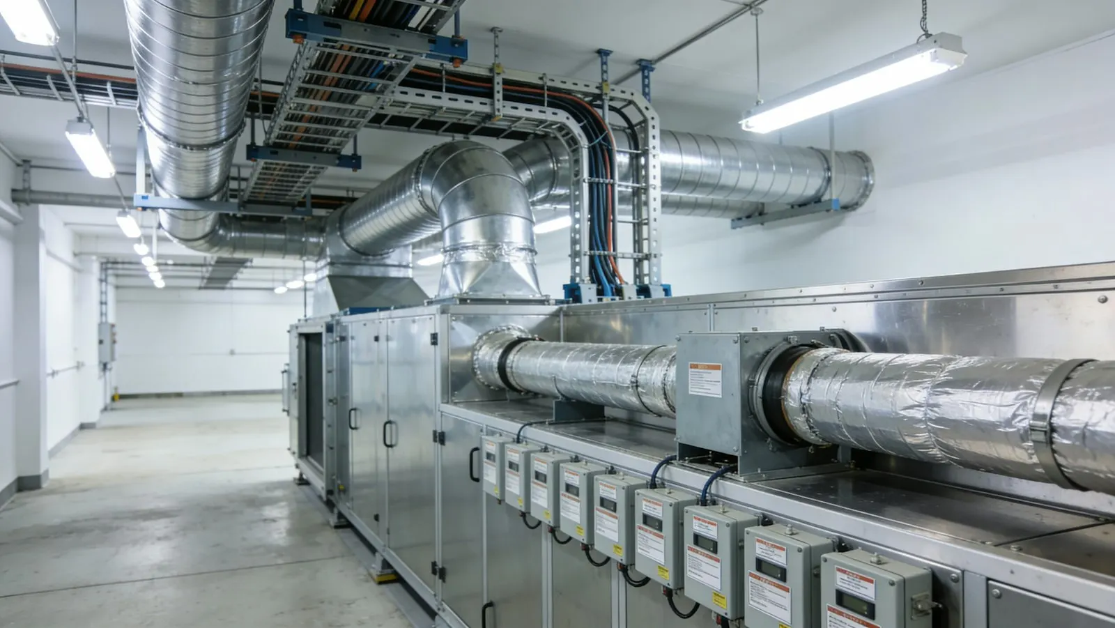 Industrial ventilation ducts and control panels in a clean room