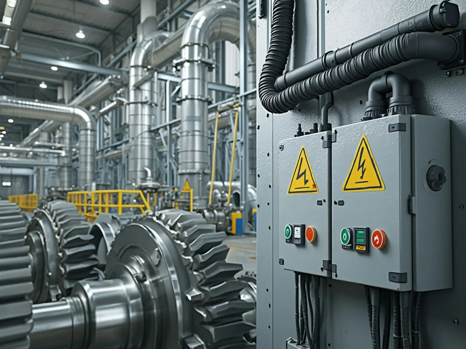 A clean industrial facility with polished steel pipes