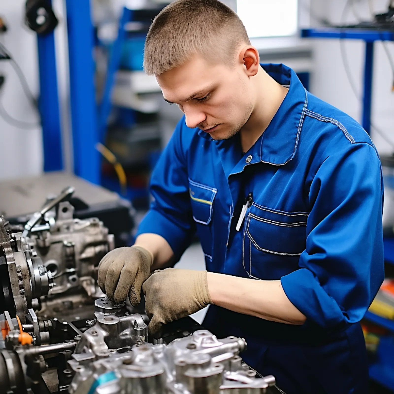 A mechanic repairing an engine in a workshop