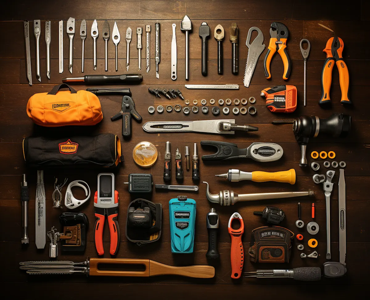 Wrenches, pliers and tool bags arranged on a wooden surface