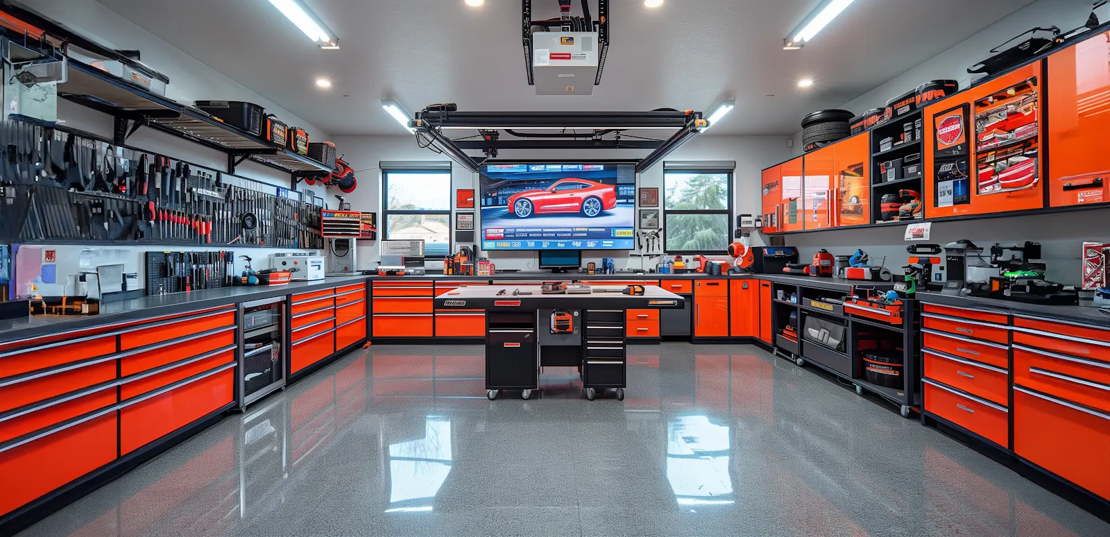 A tidy modern garage workshop with organized tool cabinets